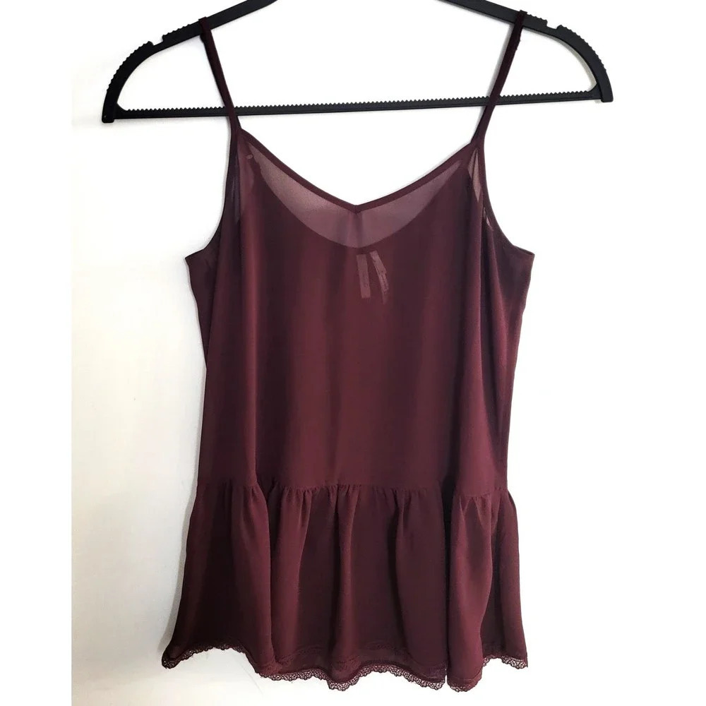 Frenchi Womens XS Burgundy Sheer Lace Trim Peplum Cami Adjustable Strap Tank Top